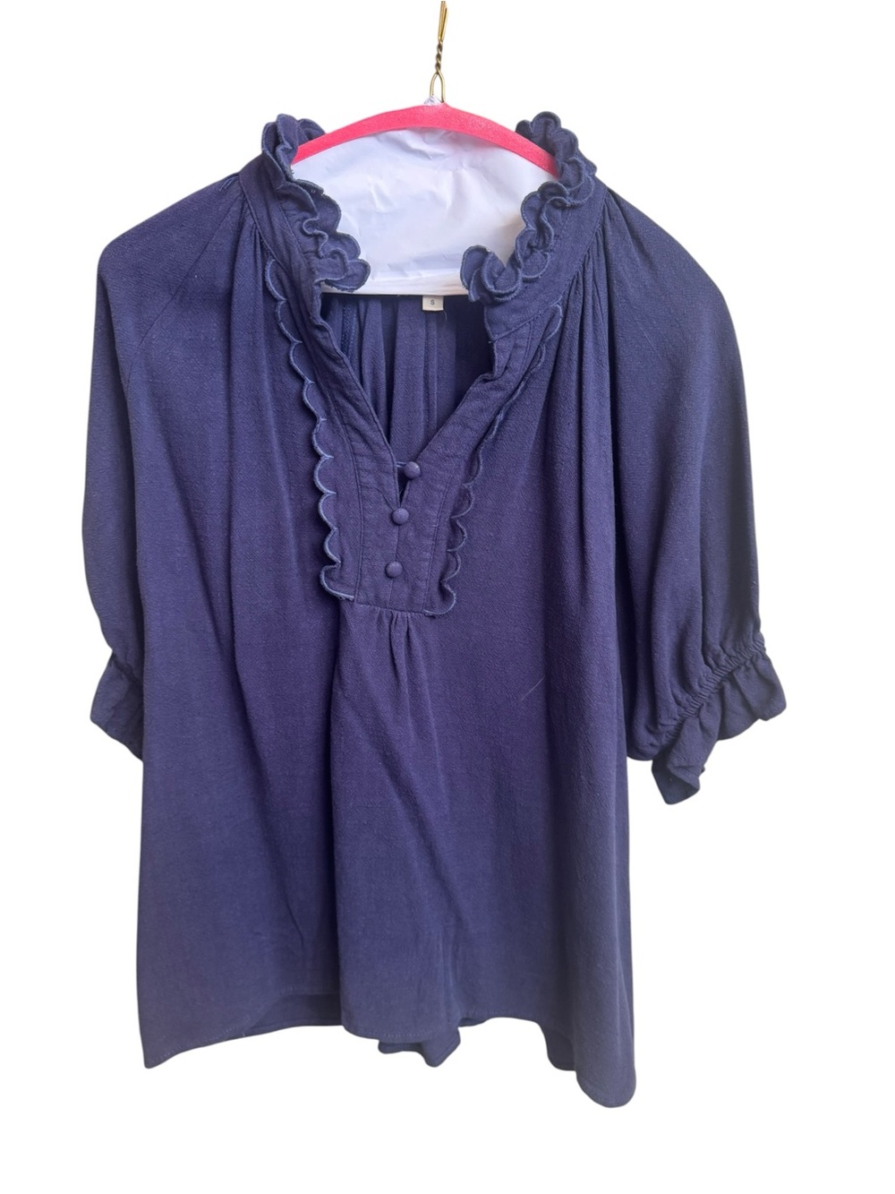 Umgee Navy Ruffle-Neck Button Front Blouse